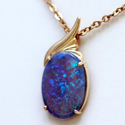 14k Yellow Gold Pendant with a SOLID CRYSTAL OPAL Floral Harlequin pattern, sparkling and bright